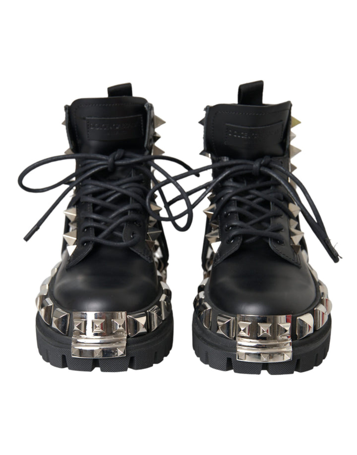 Dolce & Gabbana Black Leather Studs Embellished Combat Boots Shoes