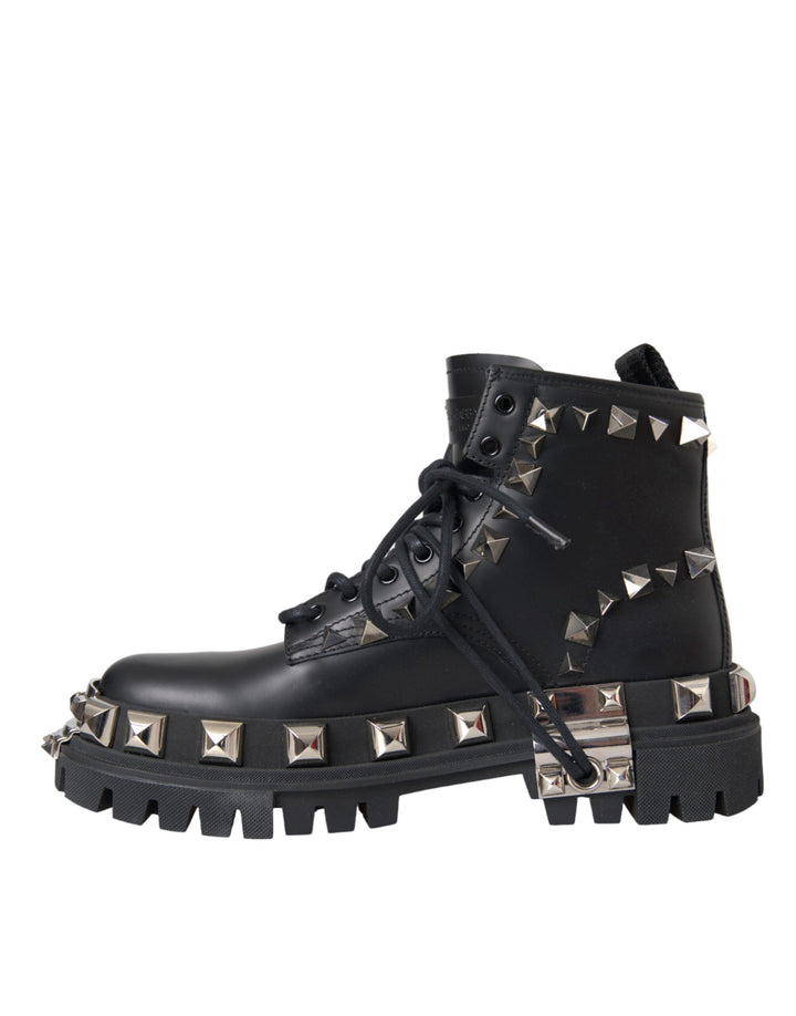 Dolce & Gabbana Black Leather Studs Embellished Combat Boots Shoes