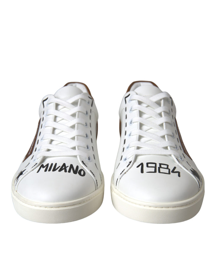 Dolce & Gabbana White Brown Leather Logo Low Top Sneakers Shoes