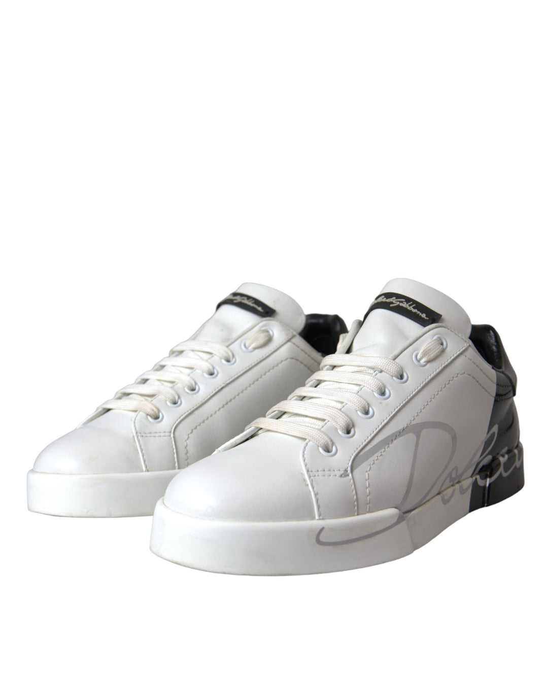 Dolce & Gabbana White Black Leather Logo Low Top Sneakers Shoes