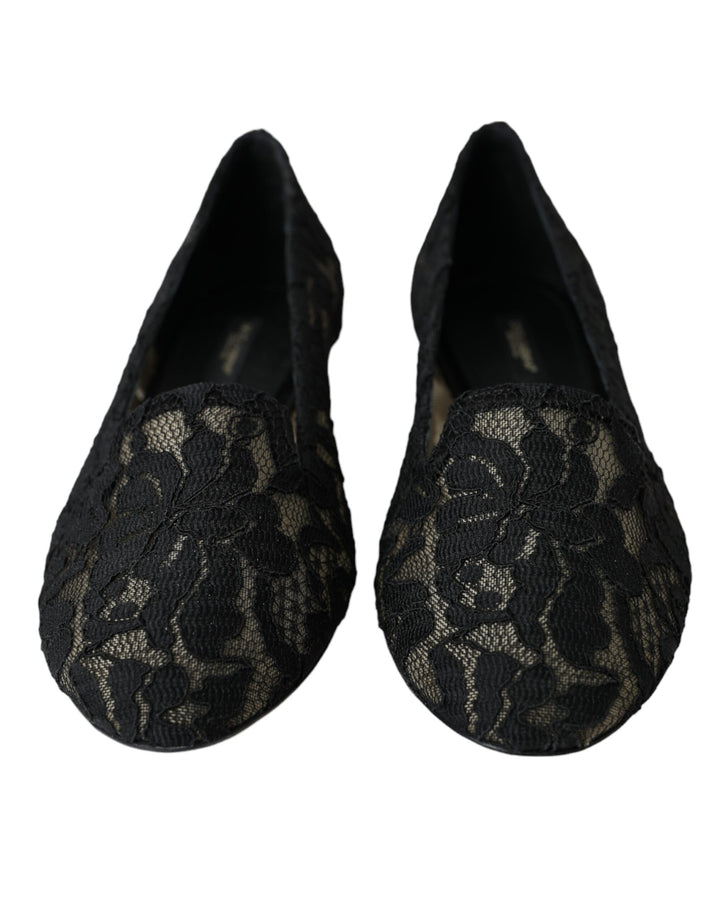 Dolce & Gabbana Black Floral Taormina Lace Loafer Flat Shoes