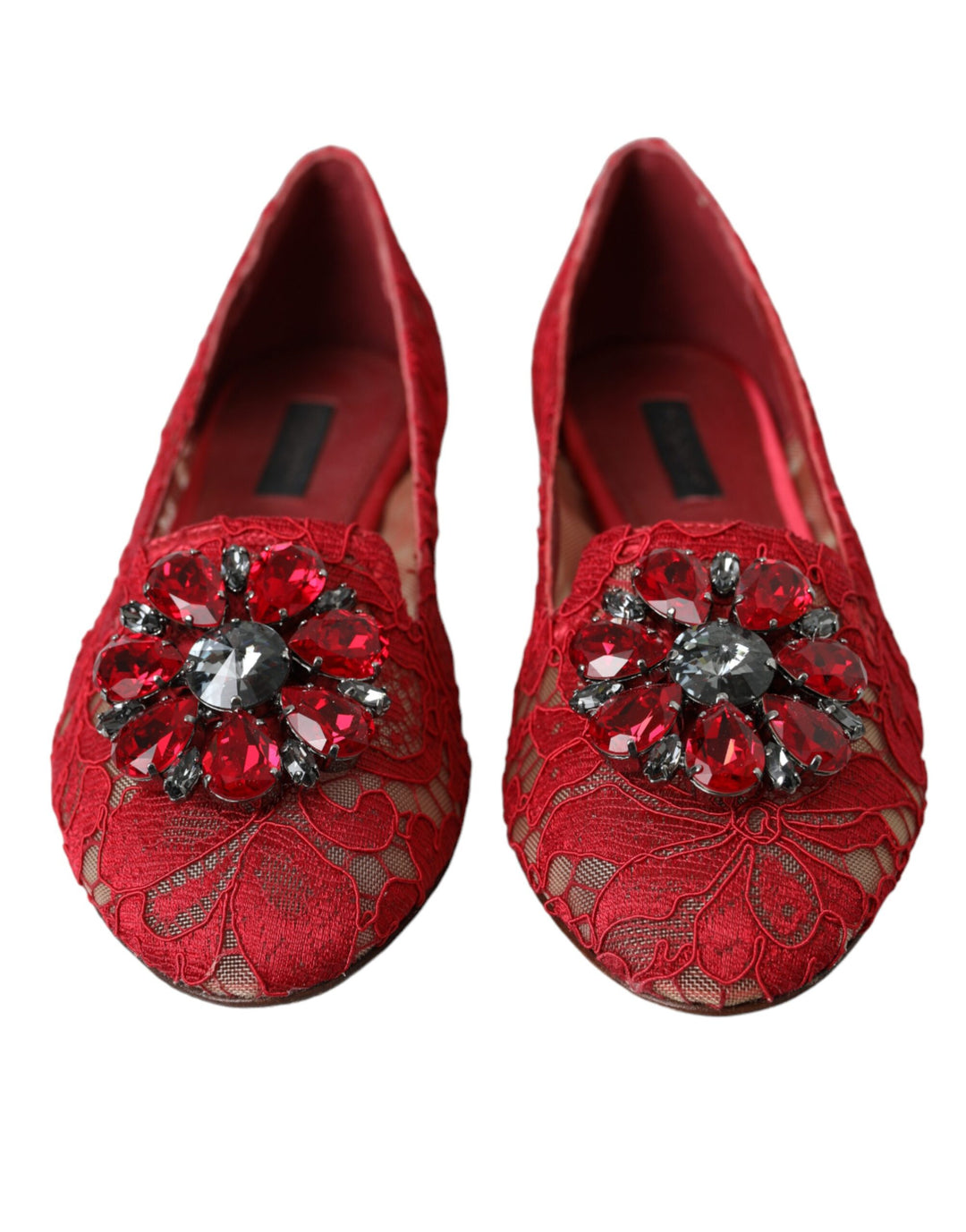 Dolce & Gabbana Red Lace Crystal Ballet Loafers Shoes