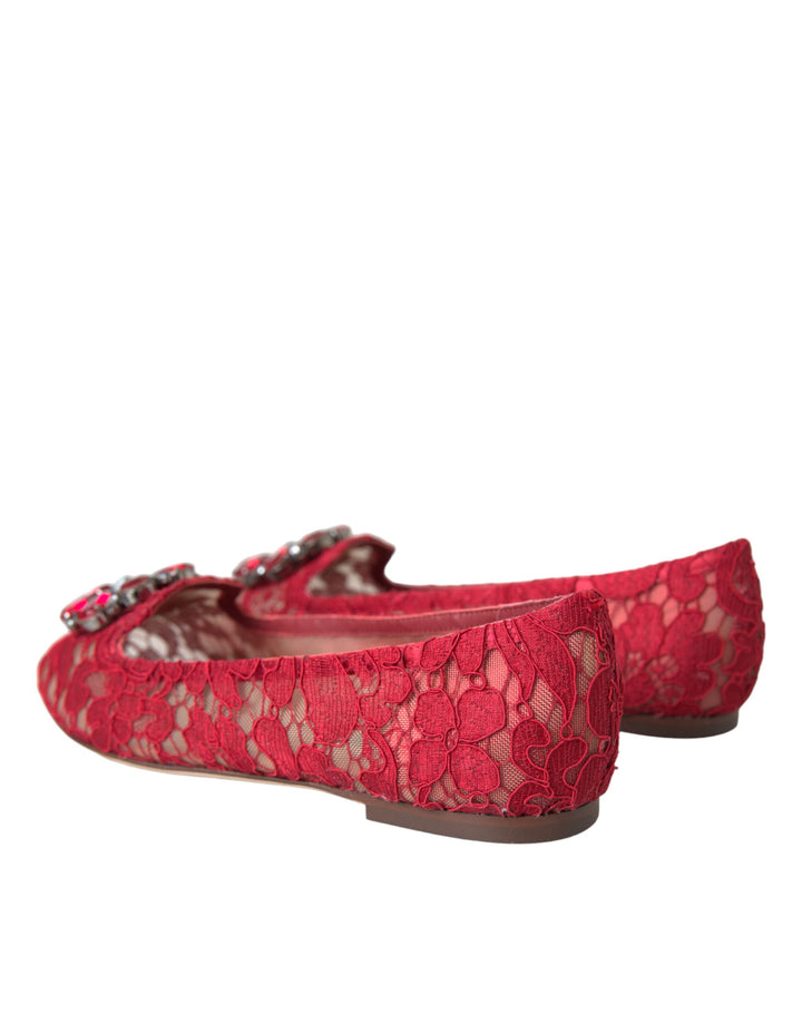 Dolce & Gabbana Red Lace Crystal Ballet Loafers Shoes