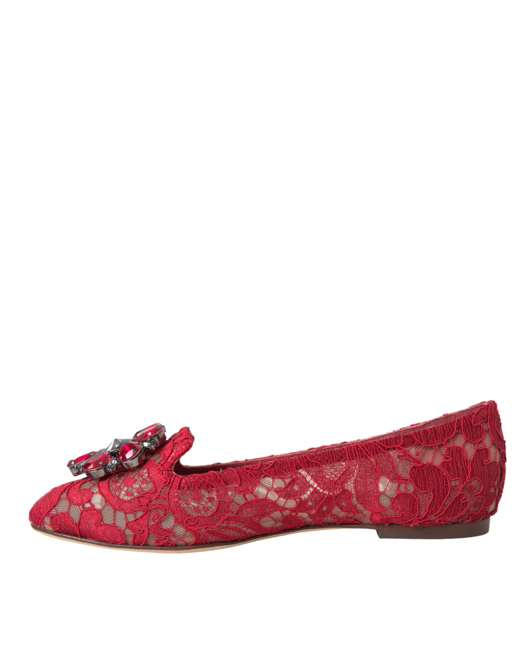 Dolce & Gabbana Red Lace Crystal Ballet Loafers Shoes