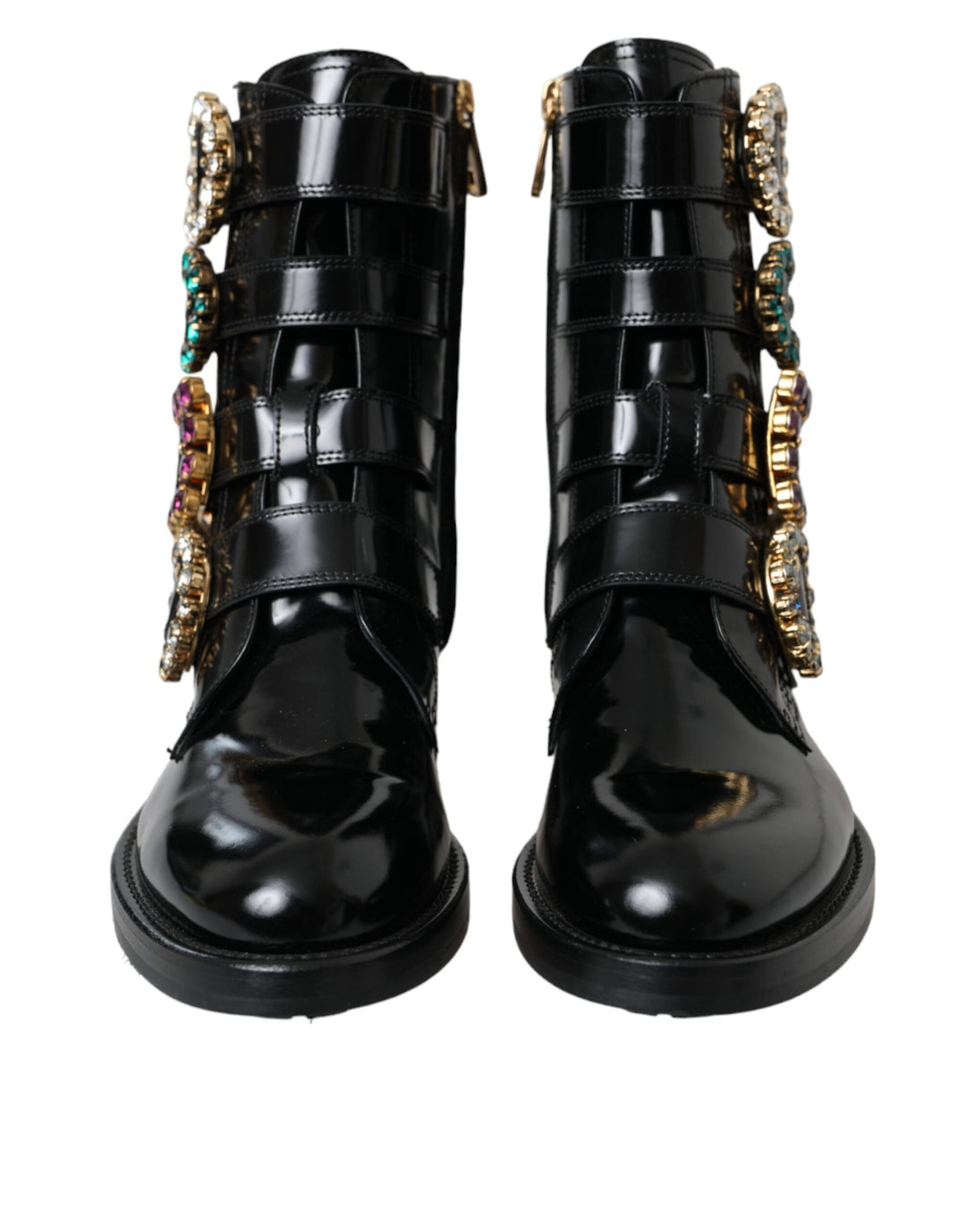 Dolce & Gabbana Black Leather Crystal Buckles Boots Shoes