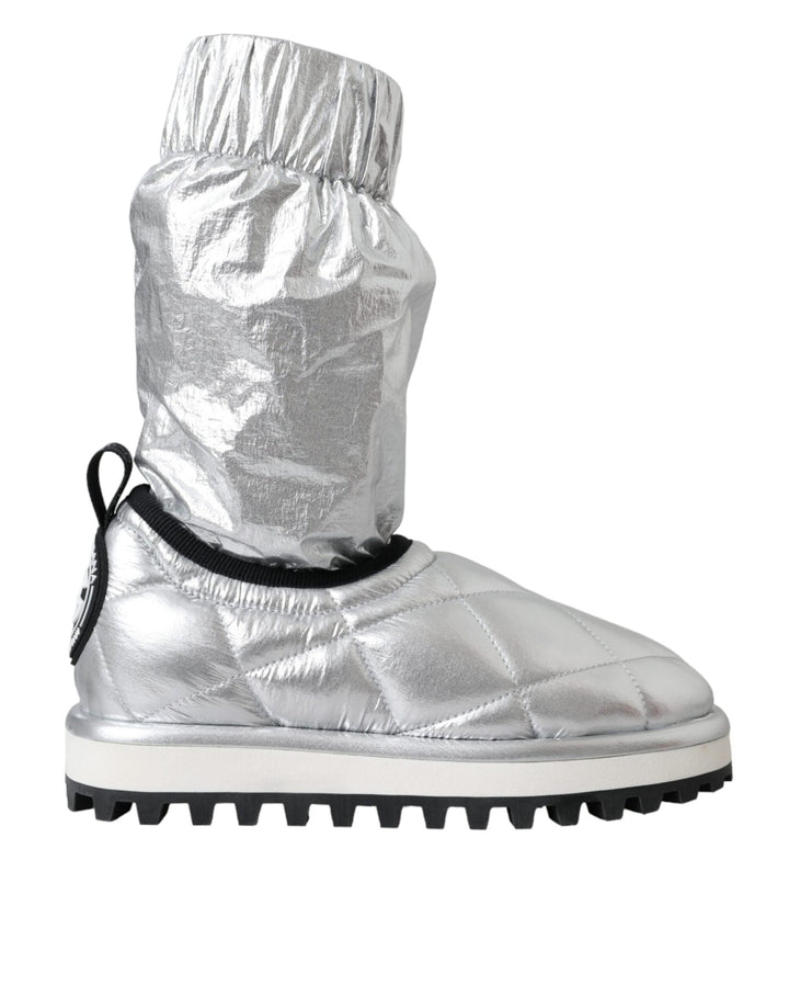 Dolce & Gabbana Metallic Silver Quilted Logo Patch Boot Shoes