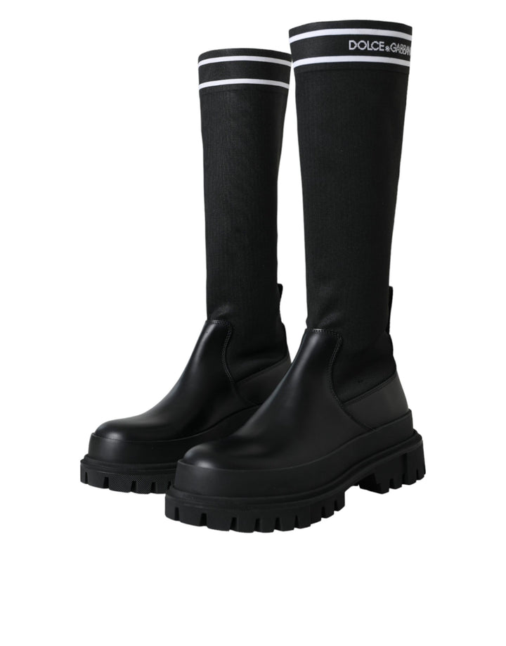 Dolce & Gabbana Black Leather Stretch Jersey Boots Shoes