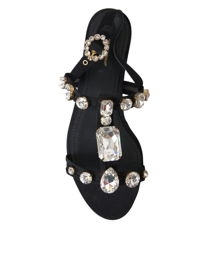 Dolce & Gabbana Black Leather Crystal Flats Sandals Shoes