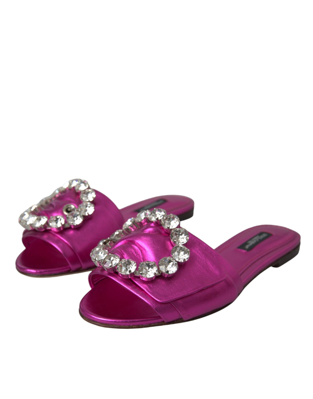 Dolce & Gabbana Fuchsia Crystal Leather Flats Sandals Shoes