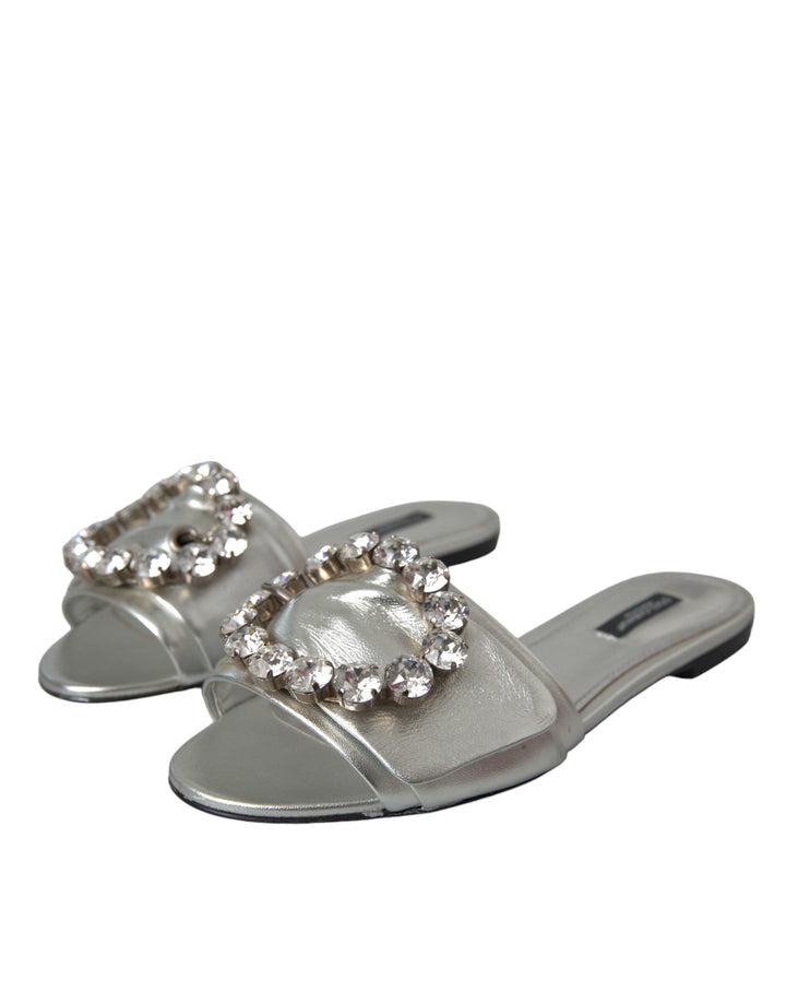 Dolce & Gabbana Silver Crystal Leather Flats Sandals Shoes