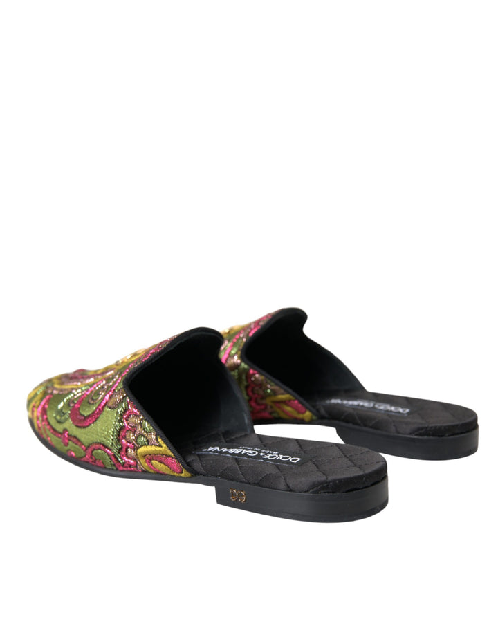 Dolce & Gabbana Multicolor Brocade DG Logo Mule Flat Sandals Shoes