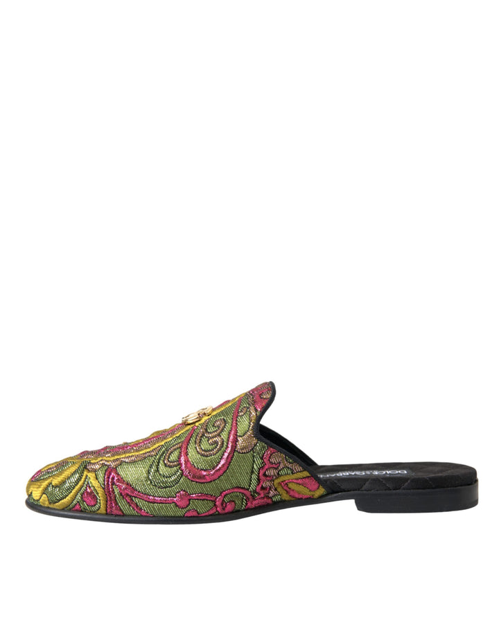 Dolce & Gabbana Multicolor Brocade DG Logo Mule Flat Sandals Shoes