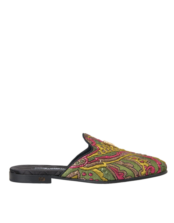 Dolce & Gabbana Multicolor Brocade DG Logo Mule Flat Sandals Shoes