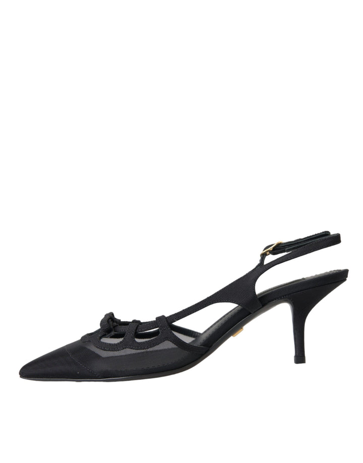 Dolce & Gabbana Black Leather Mesh High Heels Slingback Shoes