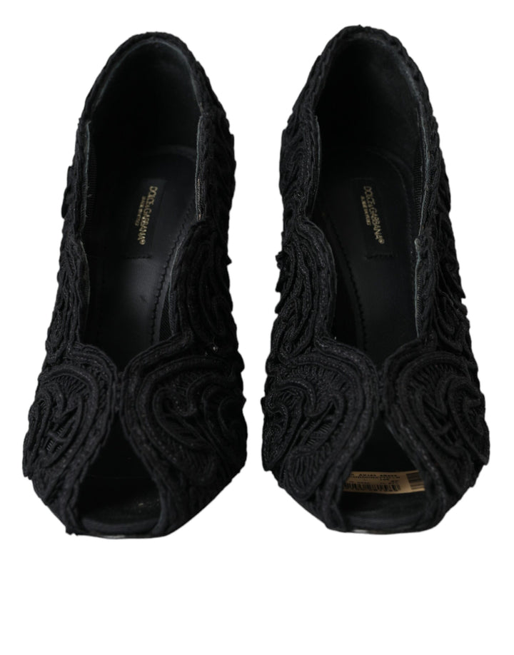 Dolce & Gabbana Black Cordonetto Ricamo Pump Open Toe Shoes