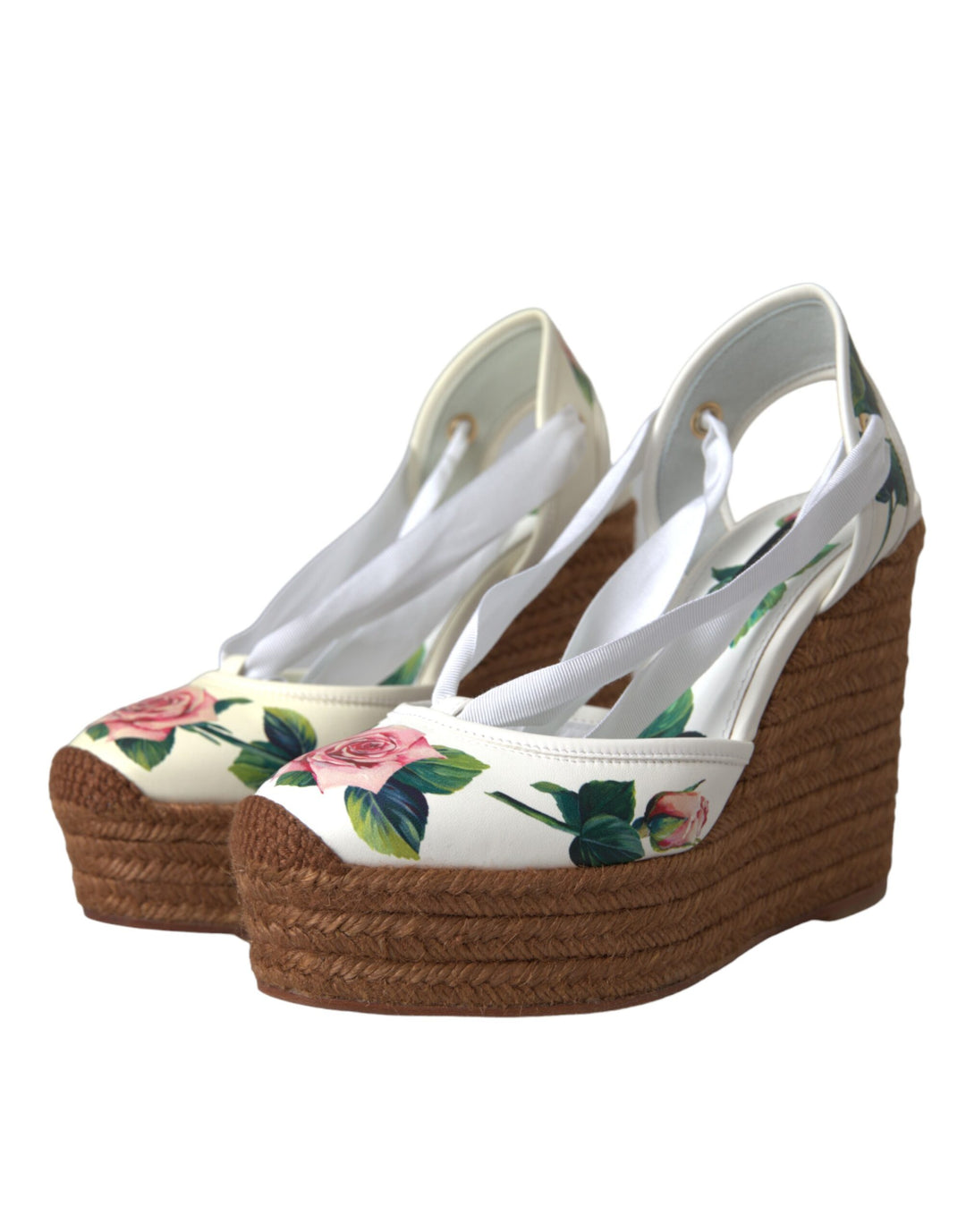 Dolce & Gabbana White Floral Wedge Heels Sandals Shoes