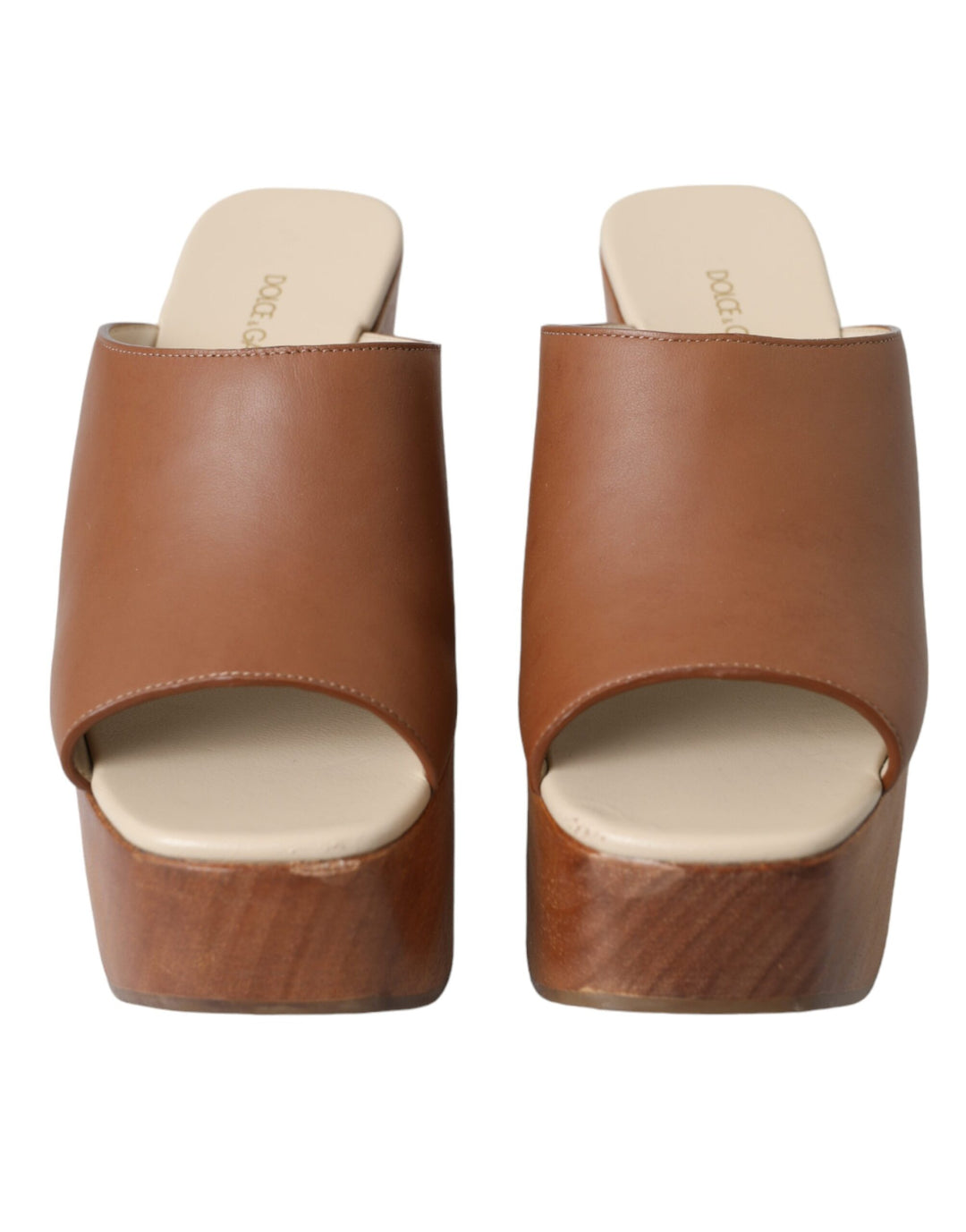 Dolce & Gabbana Brown Leather Wood Mules Wedge Slides Shoes