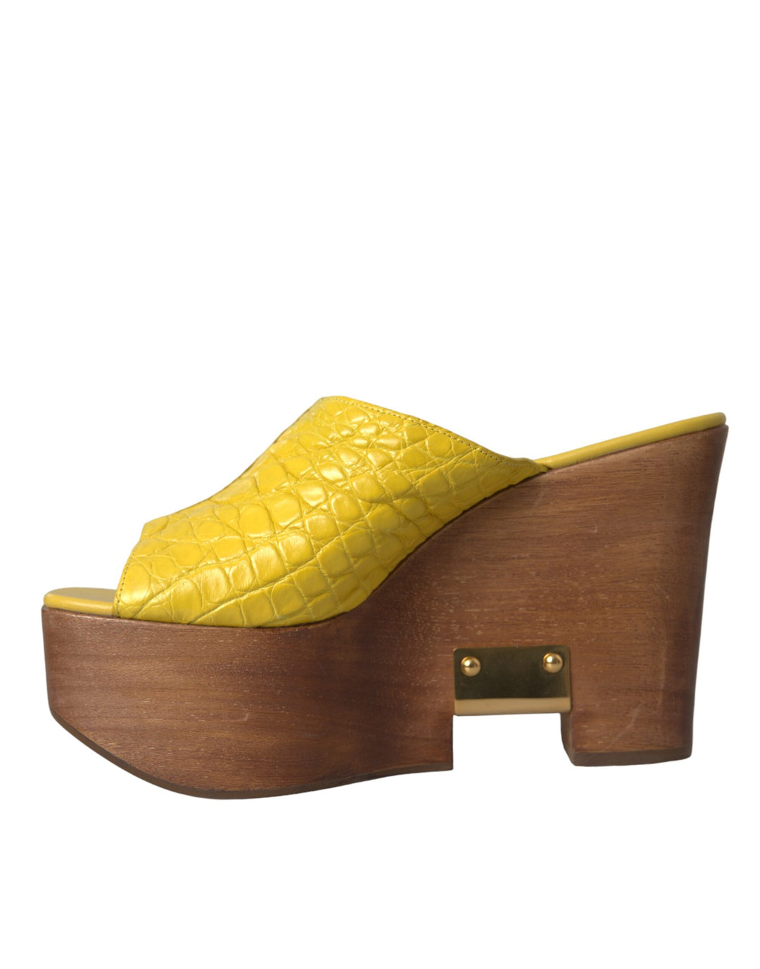 Dolce & Gabbana Yellow Leather Wood Mule Wedge Slides Shoes