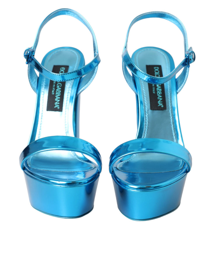 Dolce & Gabbana Metallic Blue Leather Platform Sandals Shoes