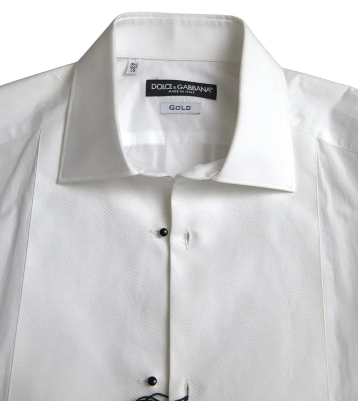 Dolce & Gabbana White Bib Cotton Poplin Men Formal GOLD Shirt