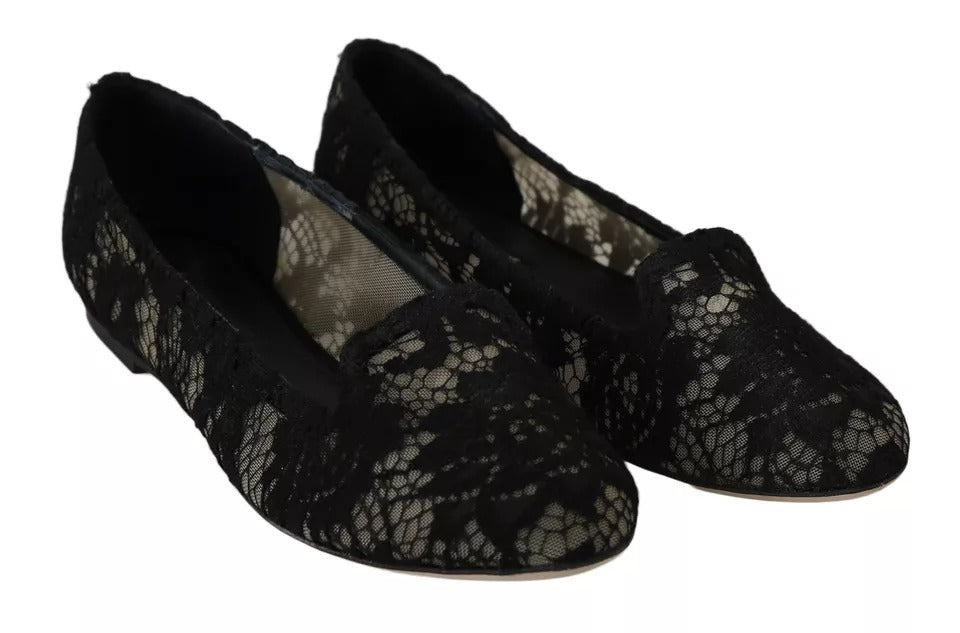 Dolce & Gabbana Black Floral Lace Loafers Flats Shoes