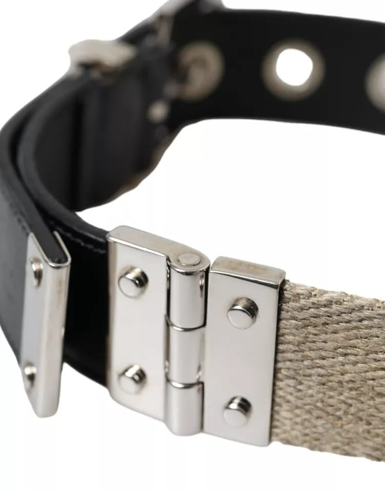 Dolce & Gabbana Black Leather Beige Strap Silver Metal Buckle Belt