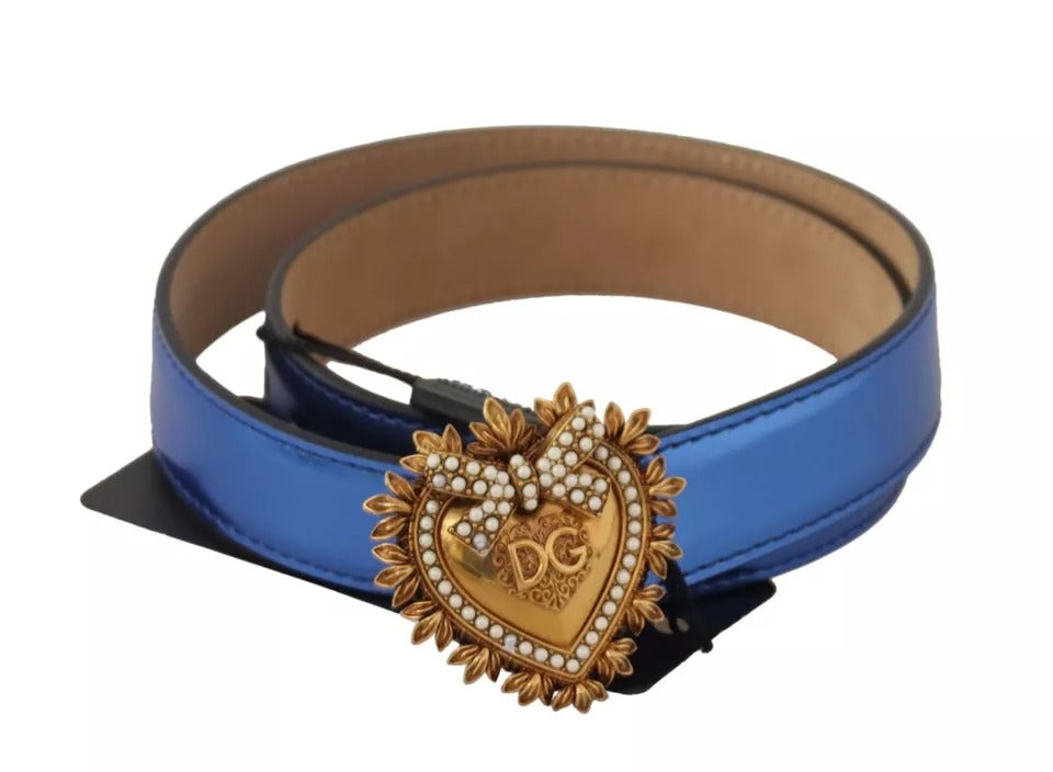 Dolce & Gabbana Blue Leather DEVOTION Heart DG Logo Metal Buckle Belt