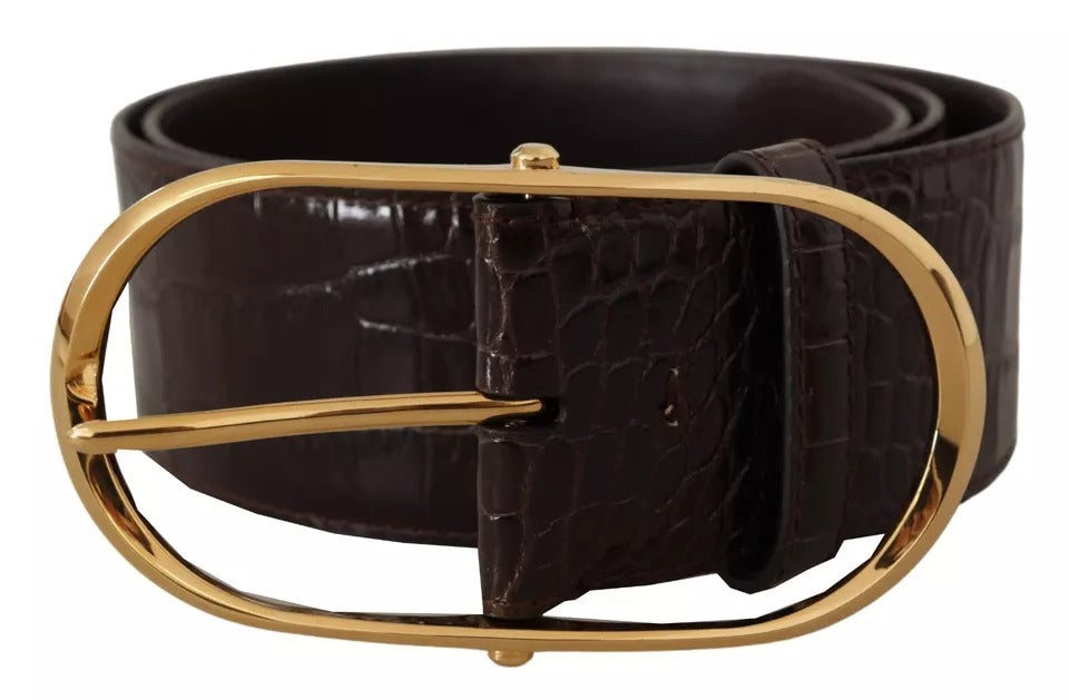 Dolce & Gabbana Brown Crocodile Pattern Leather Gold Oval Buckle Belt