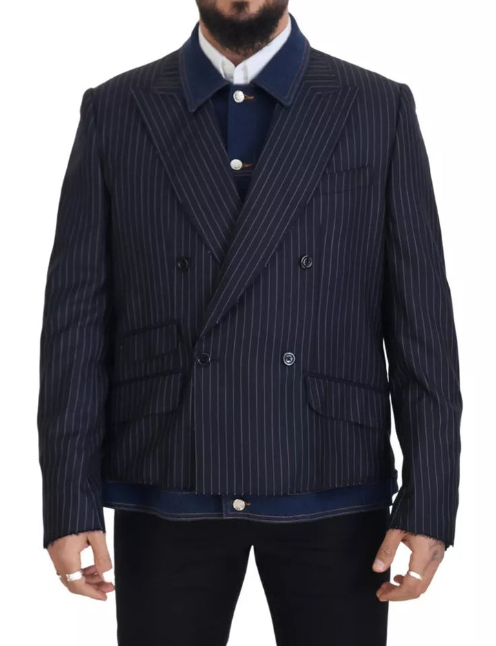 Dolce & Gabbana Blue Striped Double Breasted Denim Blazer