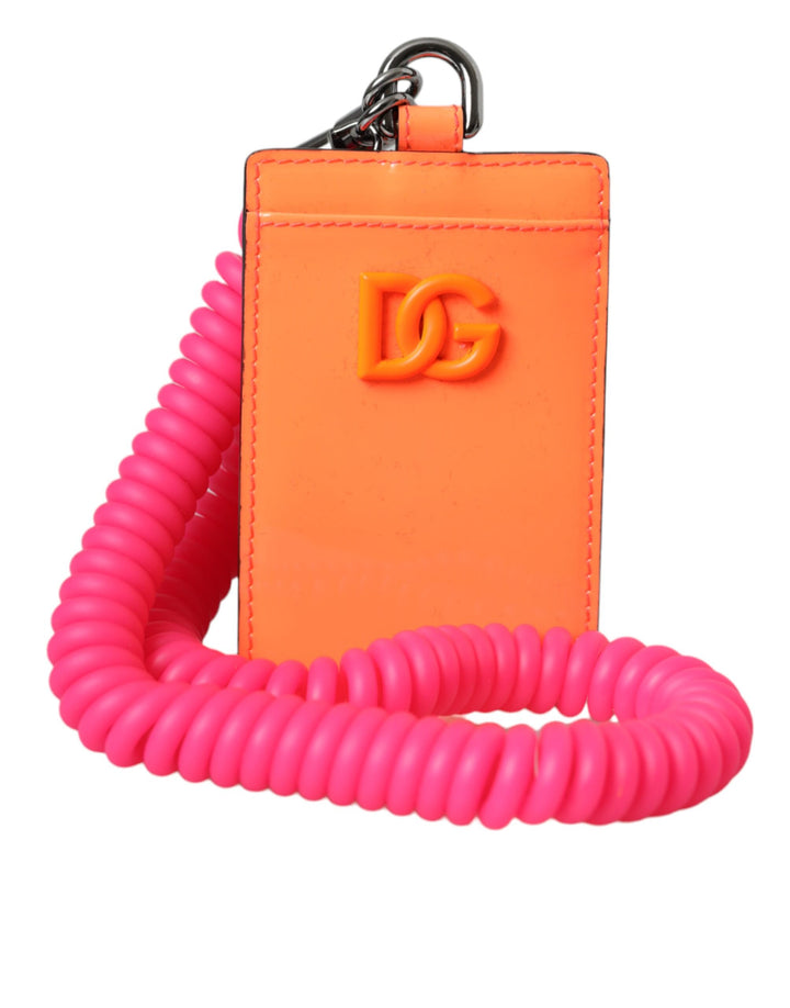 Dolce & Gabbana Orange Pink Leather DG Logo Neck Strap Card Holder Wallet