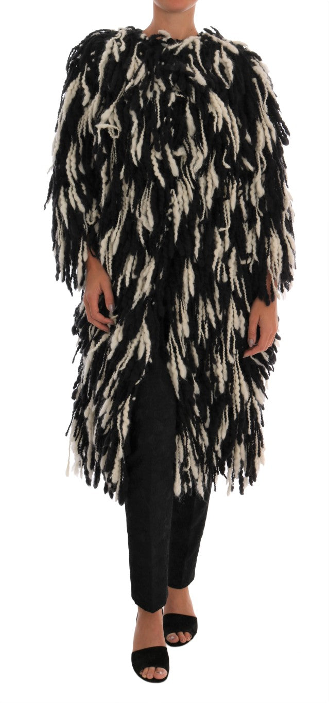 Dolce & Gabbana Black and White Fringed Wool Coat Jacket