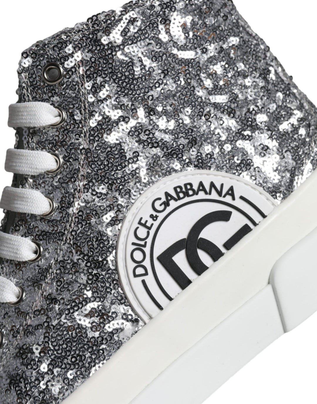 Dolce & Gabbana Silver White Sequined High Top Sneakers Shoes