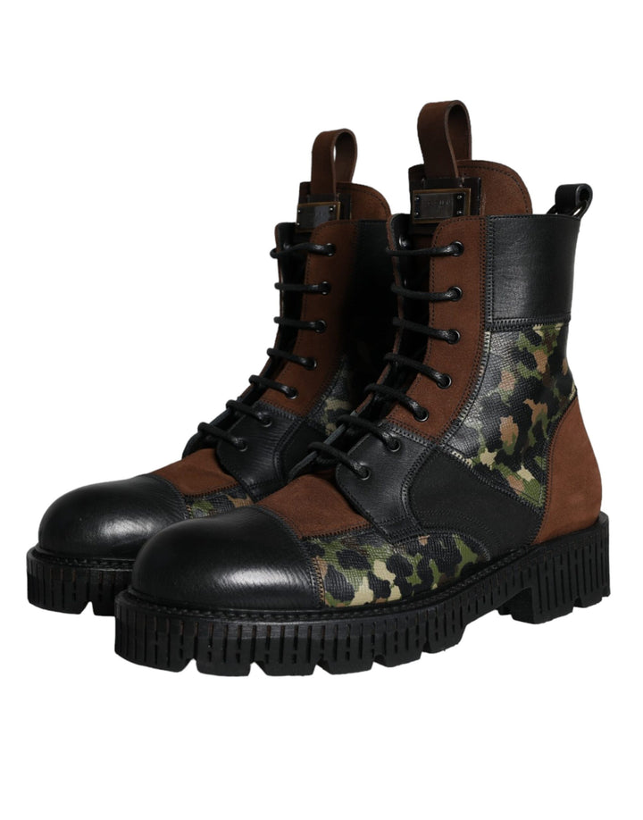 Dolce & Gabbana Brown Suede Camouflage Leather Combat Boots Shoes