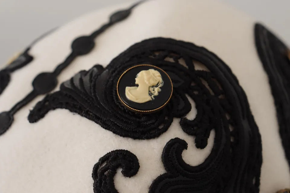 Dolce & Gabbana White Black Wool Embroidered Cameo Brooch Hat