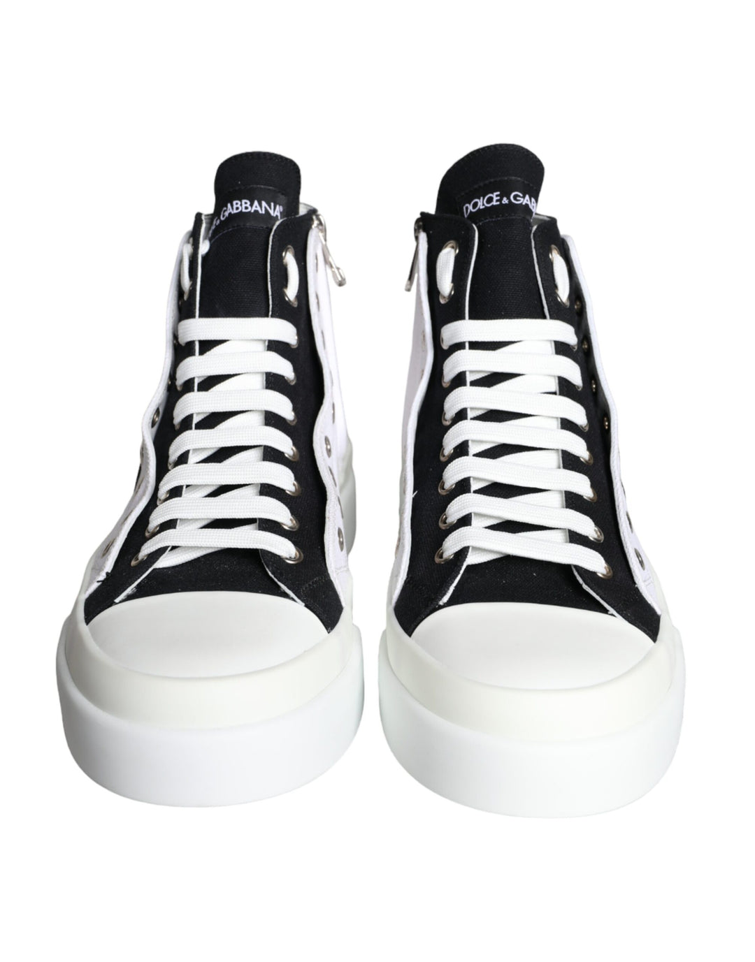 Dolce & Gabbana White Black Cotton Logo High Top Sneaker Shoes