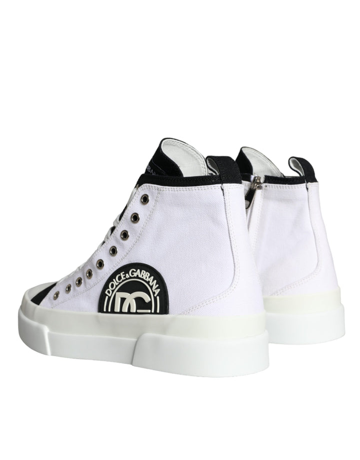 Dolce & Gabbana White Black Cotton Logo High Top Sneaker Shoes