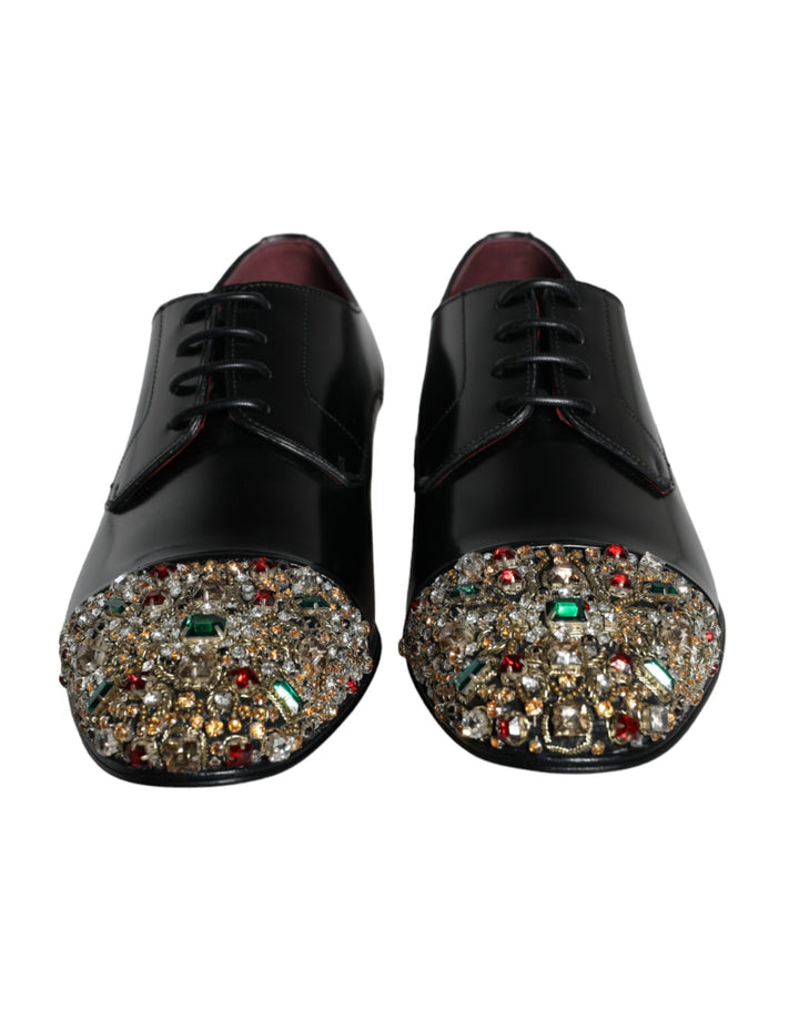 Dolce & Gabbana Black Leather RUNWAY POSITANO Crystal Derby Men Shoes