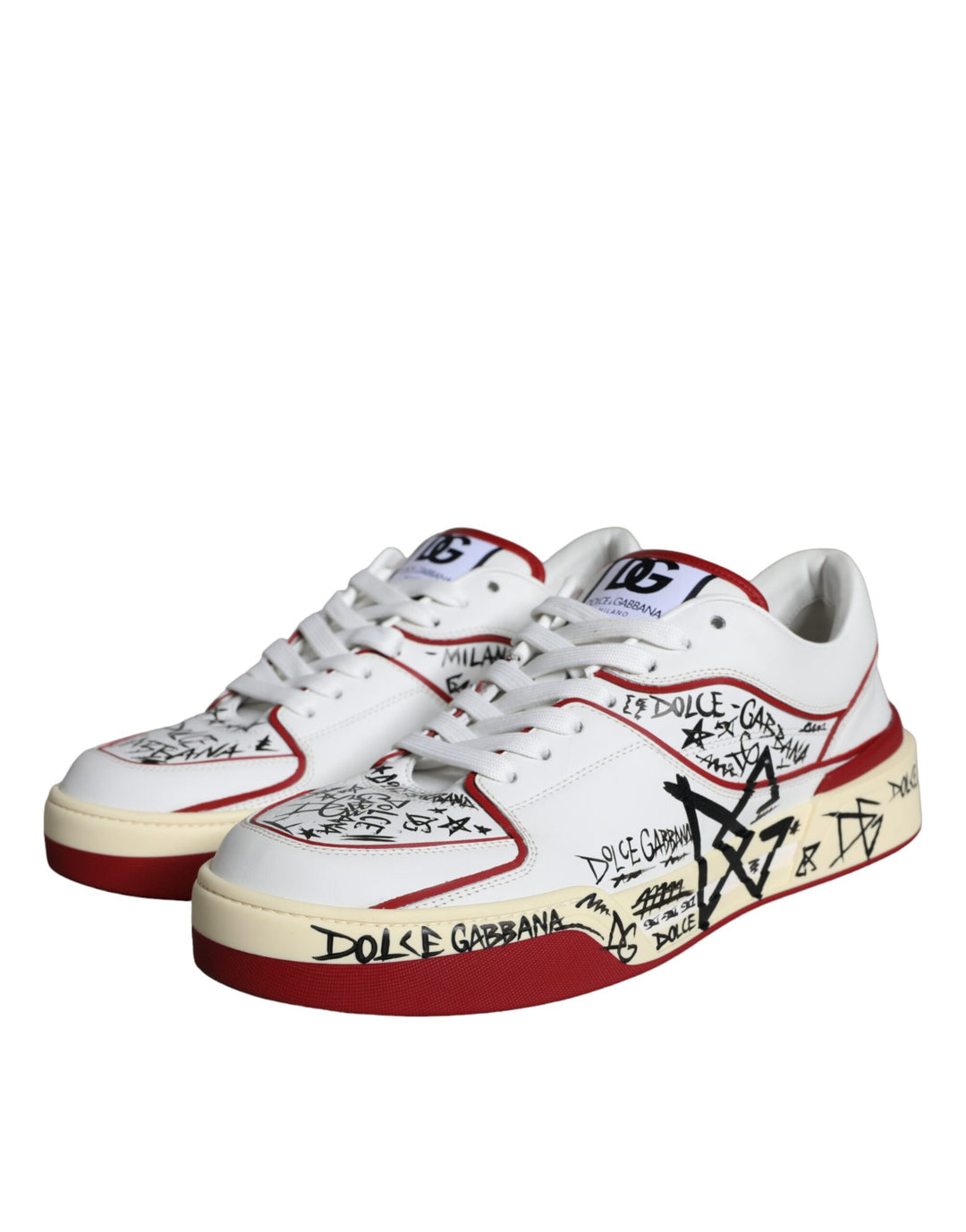 Dolce & Gabbana Red White Printed Leather Low Top Men Sneakers Shoes