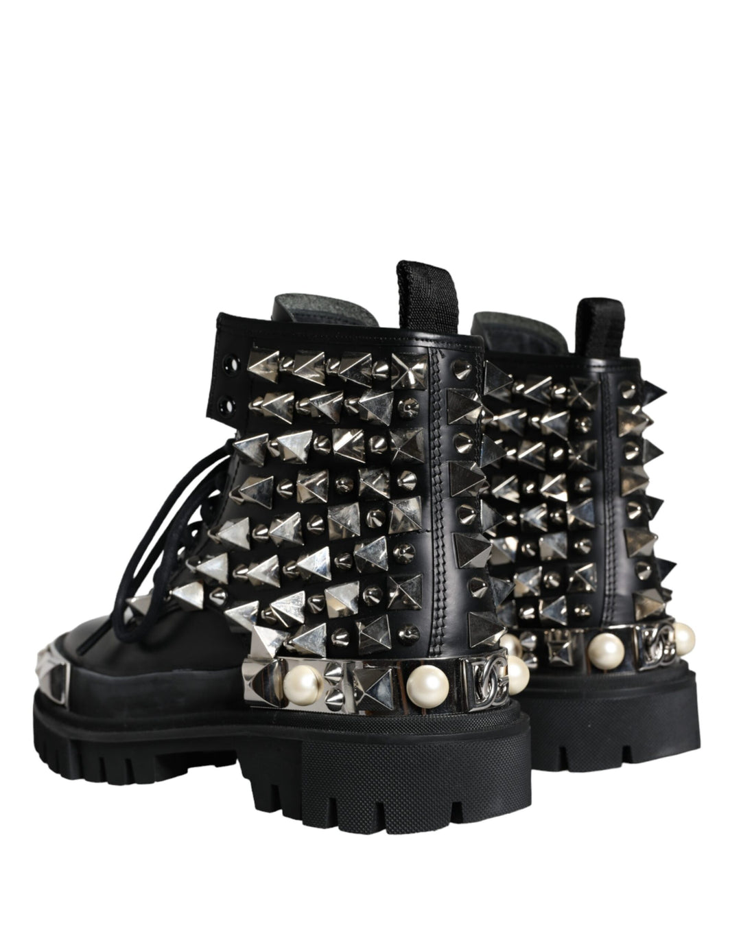 Dolce & Gabbana Black Leather Studs Embellished Combat Boots Shoes