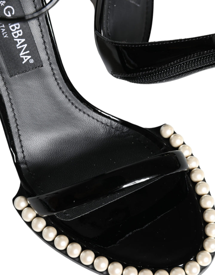 Dolce & Gabbana Black Keira Leather Faux Pearl Sandals Heels Shoes