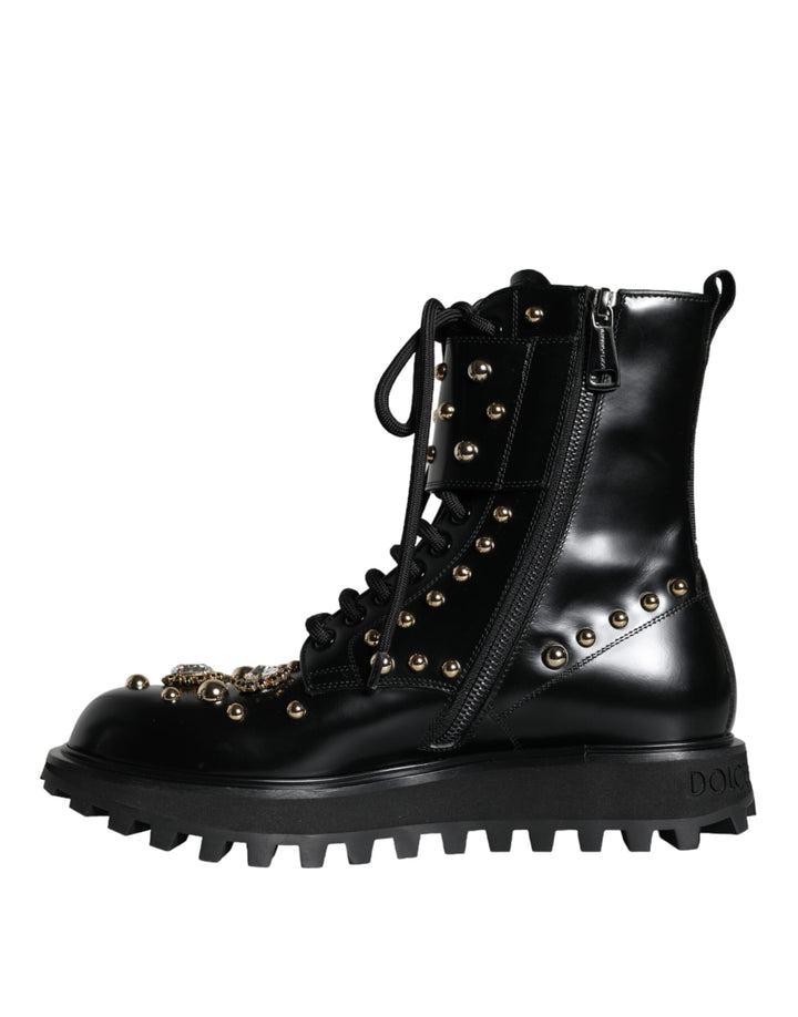 Dolce & Gabbana Black Leather Studs Embellished Combat Boots Shoes