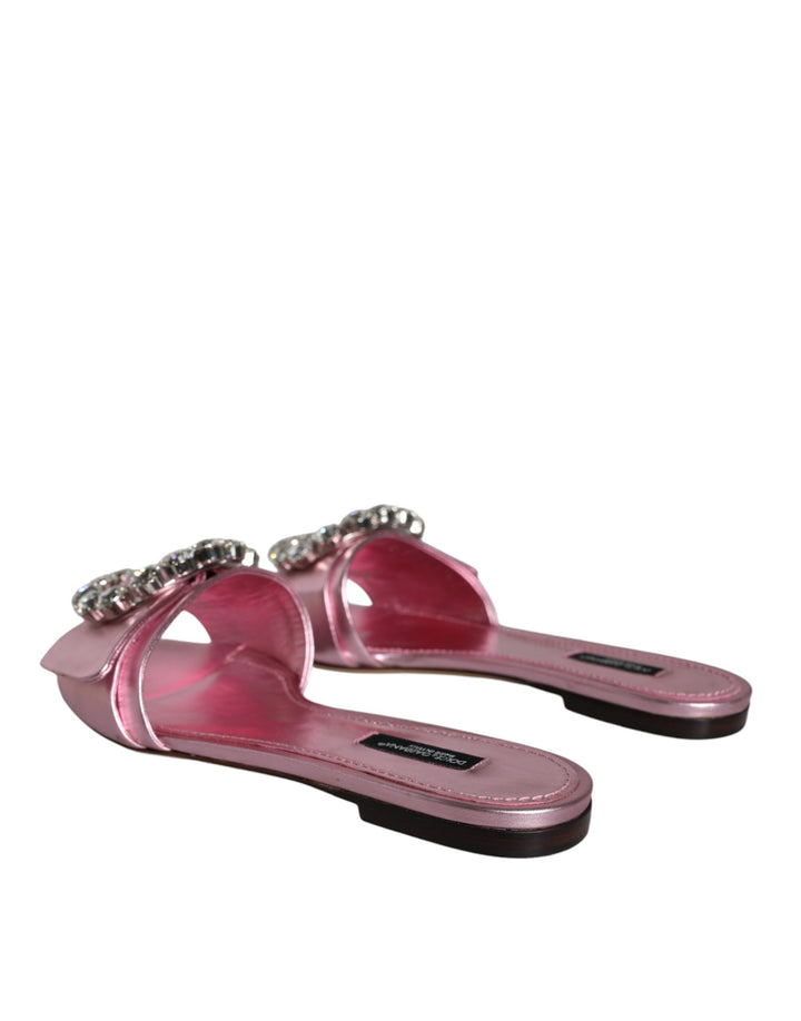 Dolce & Gabbana Metallic Pink Crystal Leather Flats Sandals Shoes