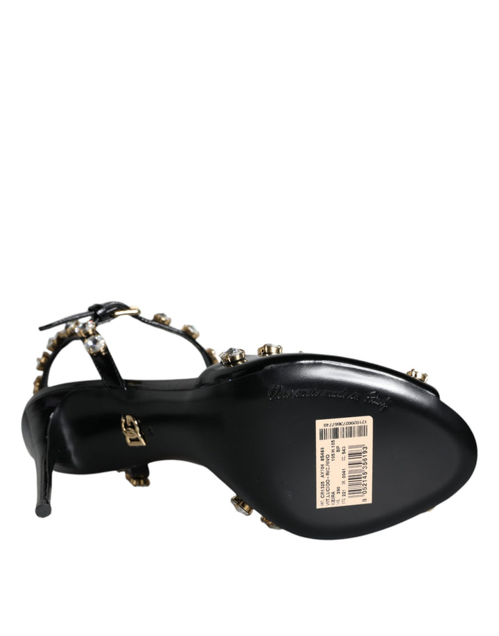 Dolce & Gabbana Black Leather Crystal Ankle Strap Sandals Shoes