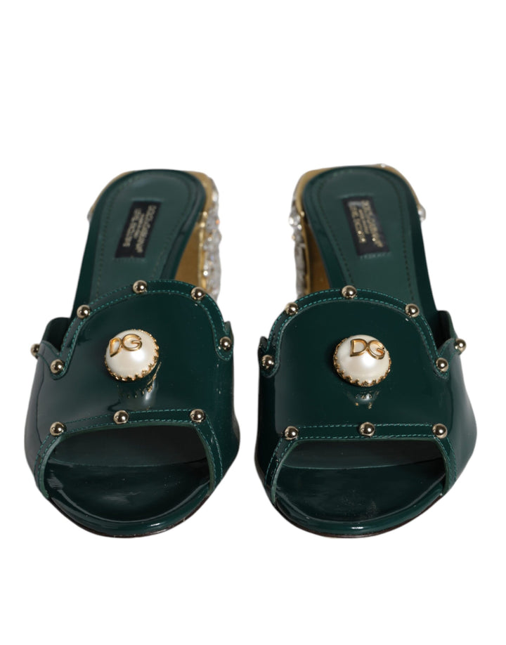 Dolce & Gabbana Green Crystal Leather Slides Sandals Shoes