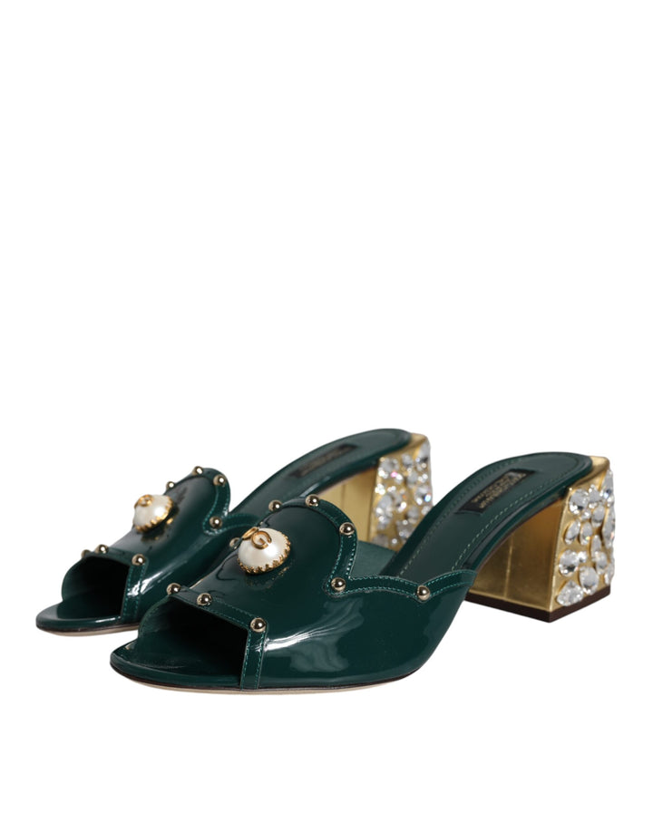 Dolce & Gabbana Green Crystal Leather Slides Sandals Shoes