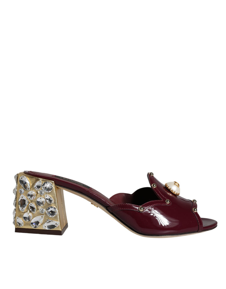 Dolce & Gabbana Maroon Crystal Leather Slides Sandals Shoes