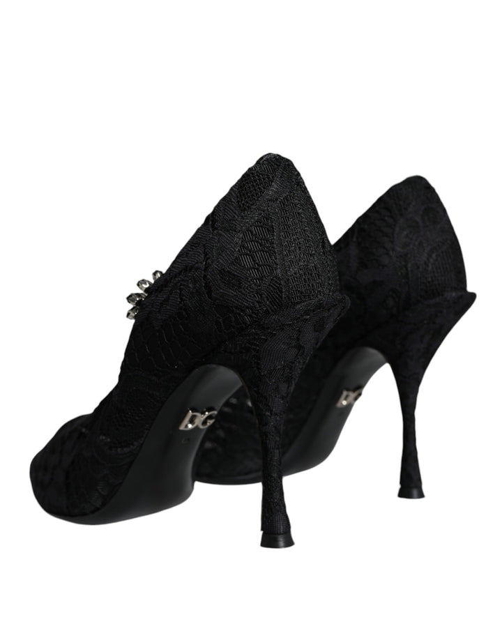 Dolce & Gabbana Black Mary Jane Pumps Lace Crystals Heels Shoes