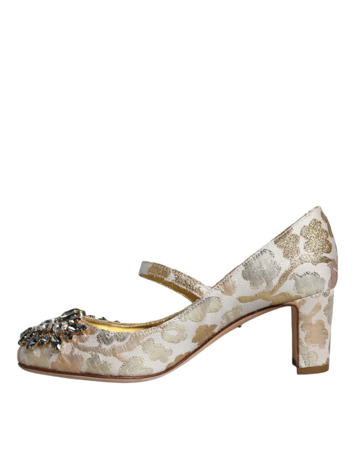 Dolce & Gabbana Gold Jacquard Crystal Mary Janes Pumps Shoes