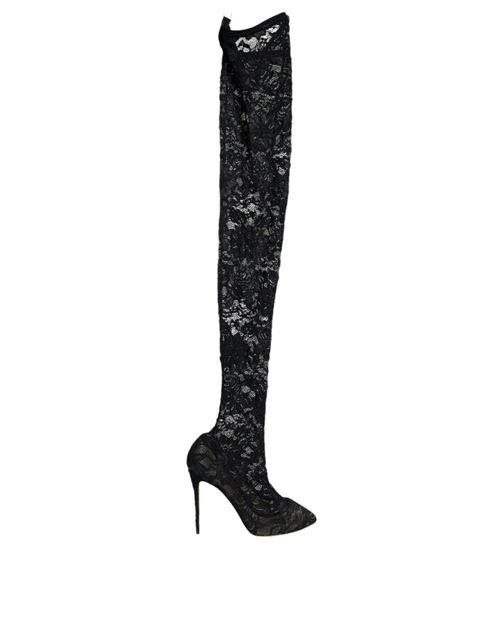 Dolce & Gabbana Black Stretch Socks Taormina Lace Boots Shoes