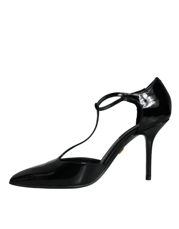 Dolce & Gabbana Black Patent Leather T-strap Heels Pumps Shoes